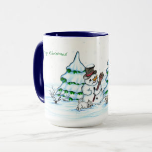 Merry Christmas! Snowman with Cat and Puppy Mug