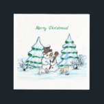 Merry Christmas! Snowman with Cat and Puppy Napkin<br><div class="desc">Merry Christmas! Snowman with Cat and Puppy - little Dog ~~~ coloured pencil drawing by Krisi ArtKSZP ~~~ Store Category >>> Merry Christmas for Kids >>> Snowman with Cat and Puppy</div>