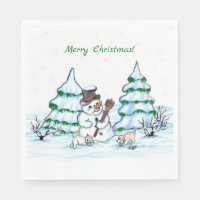 Merry Christmas! Snowman with Cat and Puppy