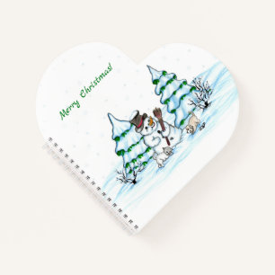 Merry Christmas! Snowman with Cat and Puppy Notebook