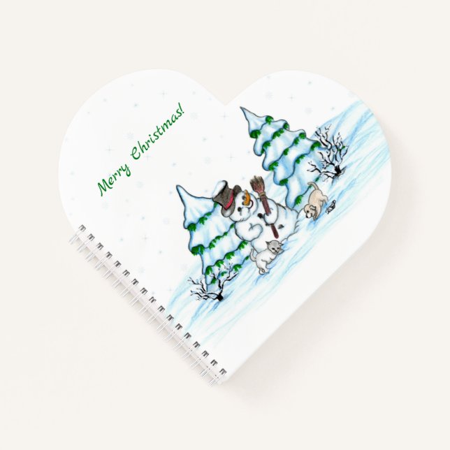 Merry Christmas! Snowman with Cat and Puppy Notebook (Front)