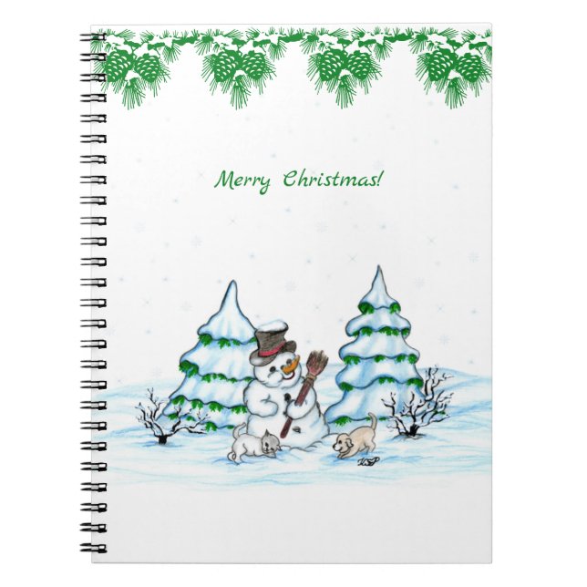 Merry Christmas! Snowman with Cat and Puppy Notebook (Front)
