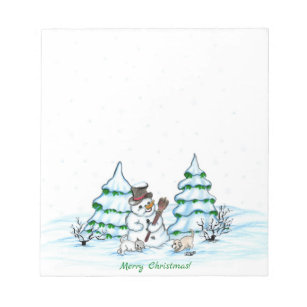 Merry Christmas! Snowman with Cat and Puppy Notepad