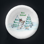 Merry Christmas! Snowman with Cat and Puppy Paper Plate<br><div class="desc">Merry Christmas! Snowman with Cat and Puppy - little Dog ~~~ coloured pencil drawing by Krisi ArtKSZP ~~~ Store Category >>> Merry Christmas for Kids >>> Snowman with Cat and Puppy</div>