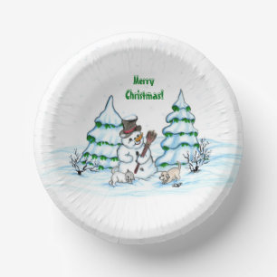 Merry Christmas! Snowman with Cat and Puppy Paper Plate