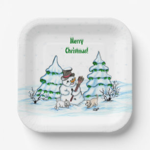 Merry Christmas! Snowman with Cat and Puppy Paper Plate