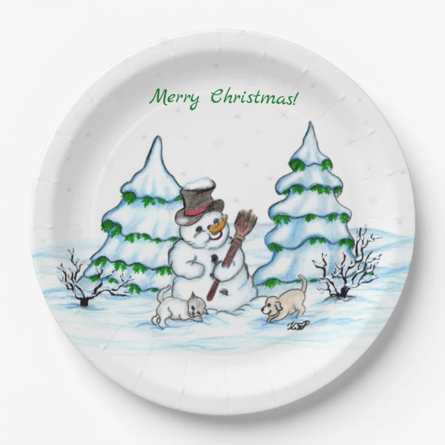 Merry Christmas! Snowman with Cat and Puppy Paper Plate (Front)
