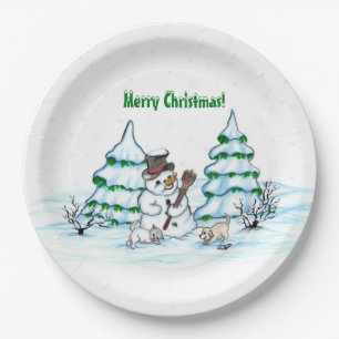 Merry Christmas! Snowman with Cat and Puppy Paper Plate