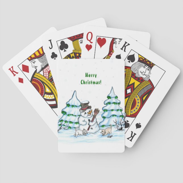 Merry Christmas! Snowman with Cat and Puppy Playing Cards (Back)