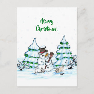 Merry Christmas! Snowman with Cat and Puppy Postcard