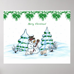 Merry Christmas! Snowman with Cat and Puppy Poster
