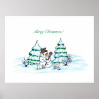 Merry Christmas! Snowman with Cat and Puppy