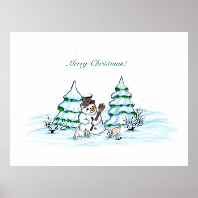 Merry Christmas! Snowman with Cat and Puppy Poster (Front)