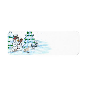 Merry Christmas! Snowman with Cat and Puppy Return Address Label