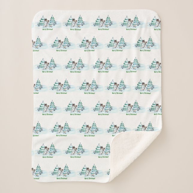 Merry Christmas! Snowman with Cat and Puppy  Sherpa Blanket (Front)