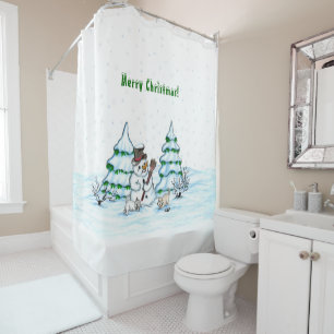 Merry Christmas! Snowman with Cat and Puppy Shower Curtain