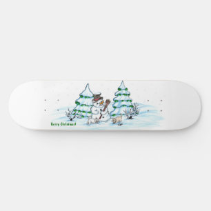 Merry Christmas! Snowman with Cat and Puppy Skateboard
