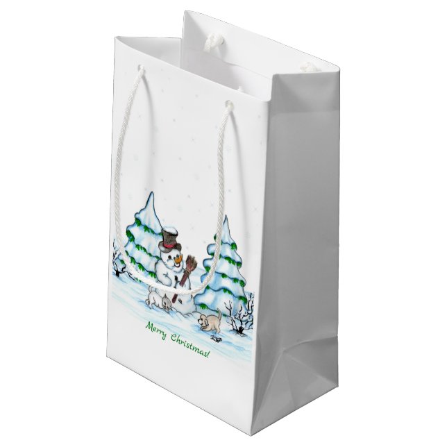 Merry Christmas! Snowman with Cat and Puppy Small Gift Bag (Back Angled)