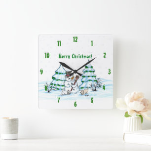 Merry Christmas! Snowman with Cat and Puppy Square Wall Clock