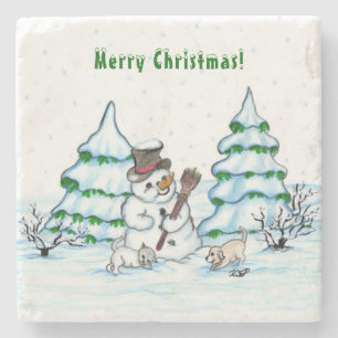 Merry Christmas! Snowman with Cat and Puppy Stone Coaster