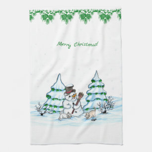 Merry Christmas! Snowman with Cat and Puppy Tea Towel