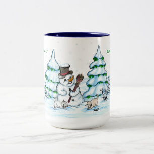 Merry Christmas! Snowman with Cat and Puppy Two-Tone Coffee Mug