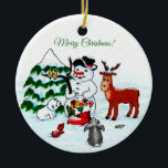 Merry Christmas! Snowman with Friends Ceramic Ornament<br><div class="desc">Merry Christmas! Snowman with Friends - Baby Polar Bear,  Birds,  Moose,  Rabbit,    ~~~ coloured pencil drawing by Krisi ArtKSZP ~~~ Store Category >>> Merry Christmas for Kids >>> Snowman with Friends</div>