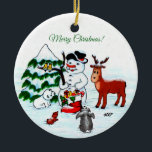Merry Christmas! Snowman with Friends Ceramic Ornament<br><div class="desc">Merry Christmas! Snowman with Friends - Baby Polar Bear,  Birds,  Moose,  Rabbit,    ~~~ coloured pencil drawing by Krisi ArtKSZP ~~~ Store Category >>> Merry Christmas for Kids >>> Snowman with Friends</div>