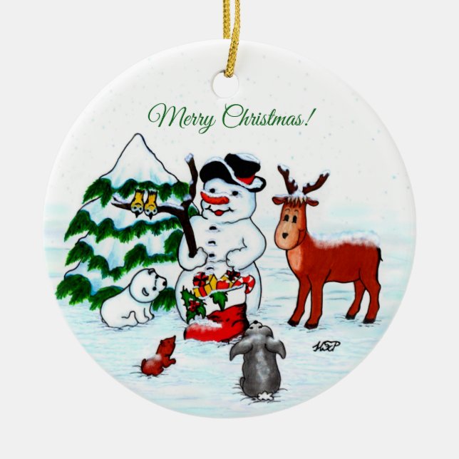 Merry Christmas! Snowman with Friends Ceramic Ornament (Front)