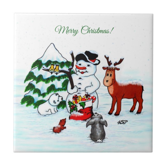 Merry Christmas! Snowman with Friends Ceramic Tile (Front)