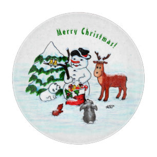 Merry Christmas! Snowman with Friends Cutting Board