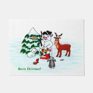 Merry Christmas! Snowman with Friends Doormat