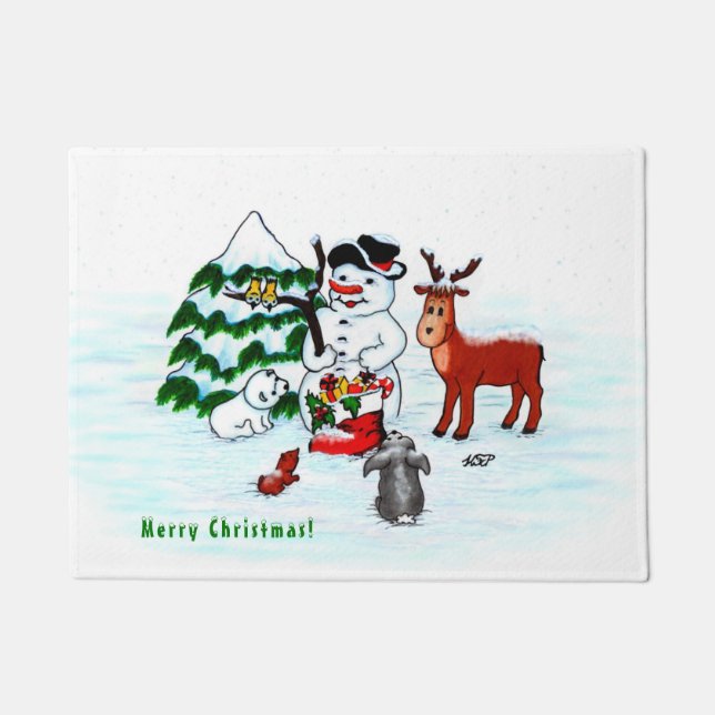 Merry Christmas! Snowman with Friends Doormat (Front)