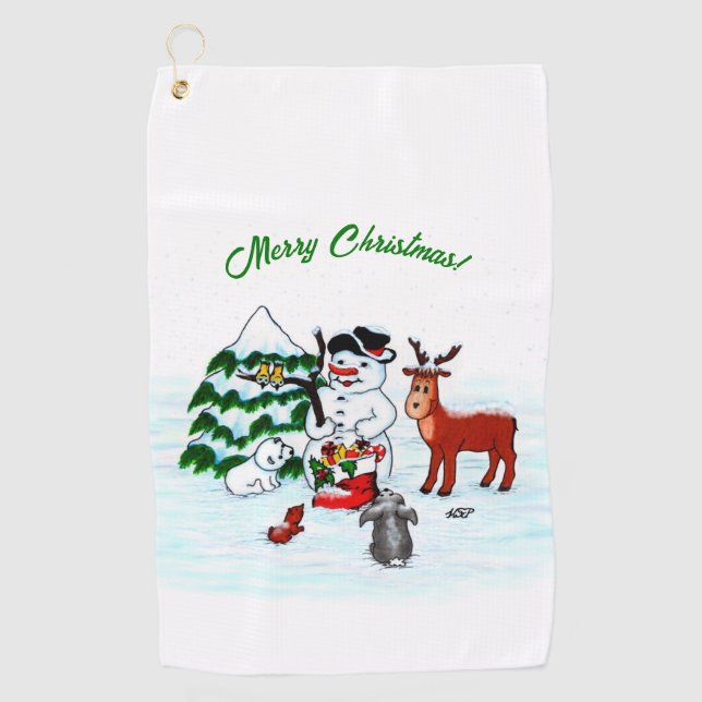 Merry Christmas! Snowman with Friends Golf Towel (Front)