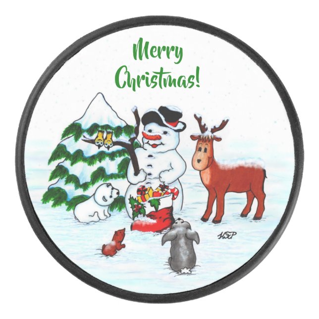 Merry Christmas! Snowman with Friends Hockey Puck (Front)