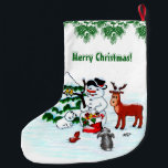 Merry Christmas! Snowman with Friends Large Christmas Stocking<br><div class="desc">Merry Christmas! Snowman with Friends - Baby Polar Bear,  Moose,  Rabbit,    ~~~ coloured pencil drawing by Krisi ArtKSZP ~~~ Store Category >>> Merry Christmas for Kids >>> Snowman with Friends</div>