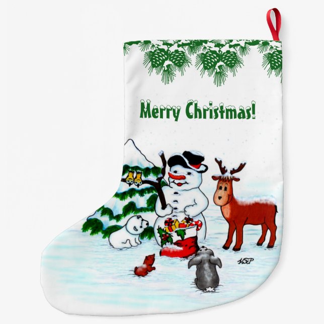 Merry Christmas! Snowman with Friends Large Christmas Stocking (Back)