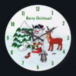 Merry Christmas! Snowman with Friends Large Clock<br><div class="desc">Merry Christmas! Snowman with Friends - Baby Polar Bear,  Birds,  Moose,  Rabbit,    ~~~ coloured pencil drawing by Krisi ArtKSZP ~~~ Store Category >>> Merry Christmas for Kids >>> Snowman with Friends</div>