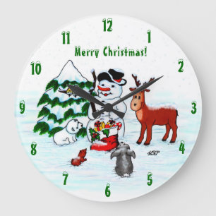Merry Christmas! Snowman with Friends Large Clock