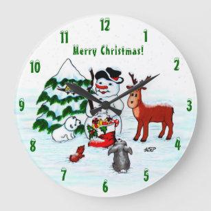 Merry Christmas! Snowman with Friends Large Clock