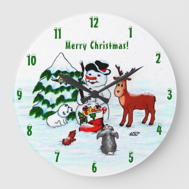 Merry Christmas! Snowman with Friends Large Clock (Front)