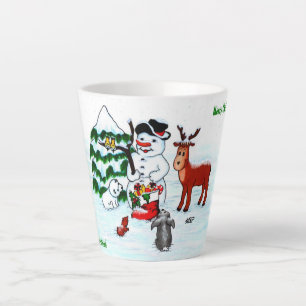 Merry Christmas! Snowman with Friends Latte Mug