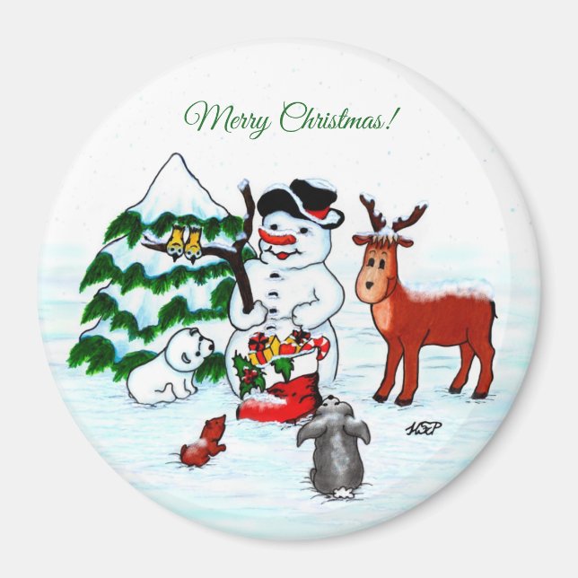Merry Christmas! Snowman with Friends Magnet (Front)