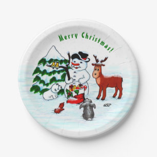 Merry Christmas! Snowman with Friends Paper Plate