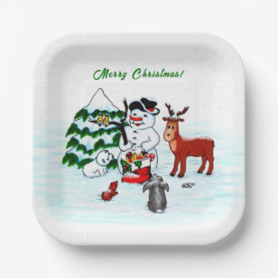 Merry Christmas! Snowman with Friends Paper Plate
