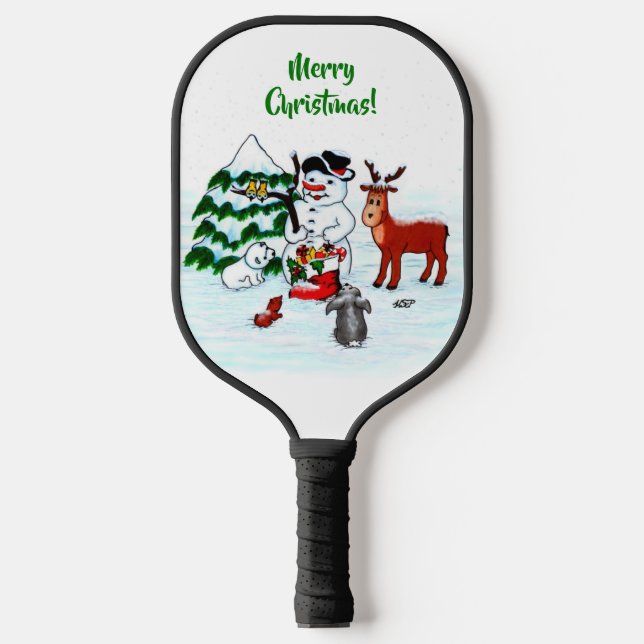 Merry Christmas! Snowman with Friends Pickleball Paddle (Front)
