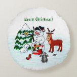 Merry Christmas! Snowman with Friends Round Cushion<br><div class="desc">Merry Christmas! Snowman with Friends - Baby Polar Bear,  Birds,  Moose,  Rabbit,    ~~~ coloured pencil drawing by Krisi ArtKSZP ~~~ Store Category >>> Merry Christmas for Kids >>> Snowman with Friends</div>