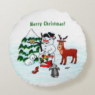 Merry Christmas! Snowman with Friends Round Cushion