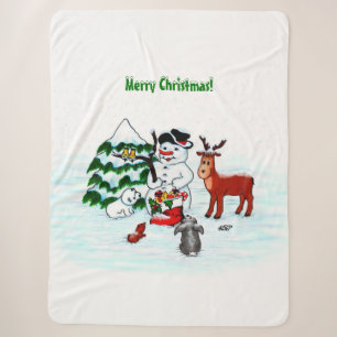 Merry Christmas! Snowman with Friends Sherpa Blanket
