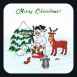 Merry Christmas! Snowman with Friends Square Sticker<br><div class="desc">Merry Christmas! Snowman with Friends - Baby Polar Bear,  Birds,  Moose,  Rabbit,    ~~~ coloured pencil drawing by Krisi ArtKSZP ~~~ Store Category >>> Merry Christmas for Kids >>> Snowman with Friends</div>